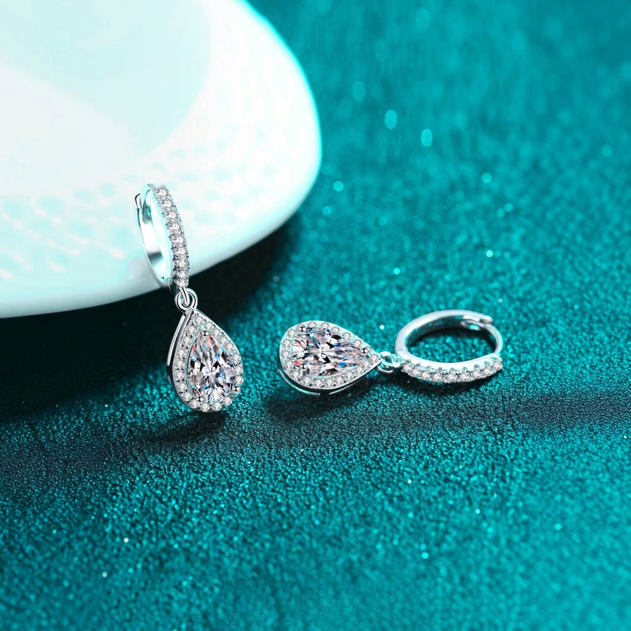 Silver 2 Carat Moissanite Teardrop Halo Drop Earrings