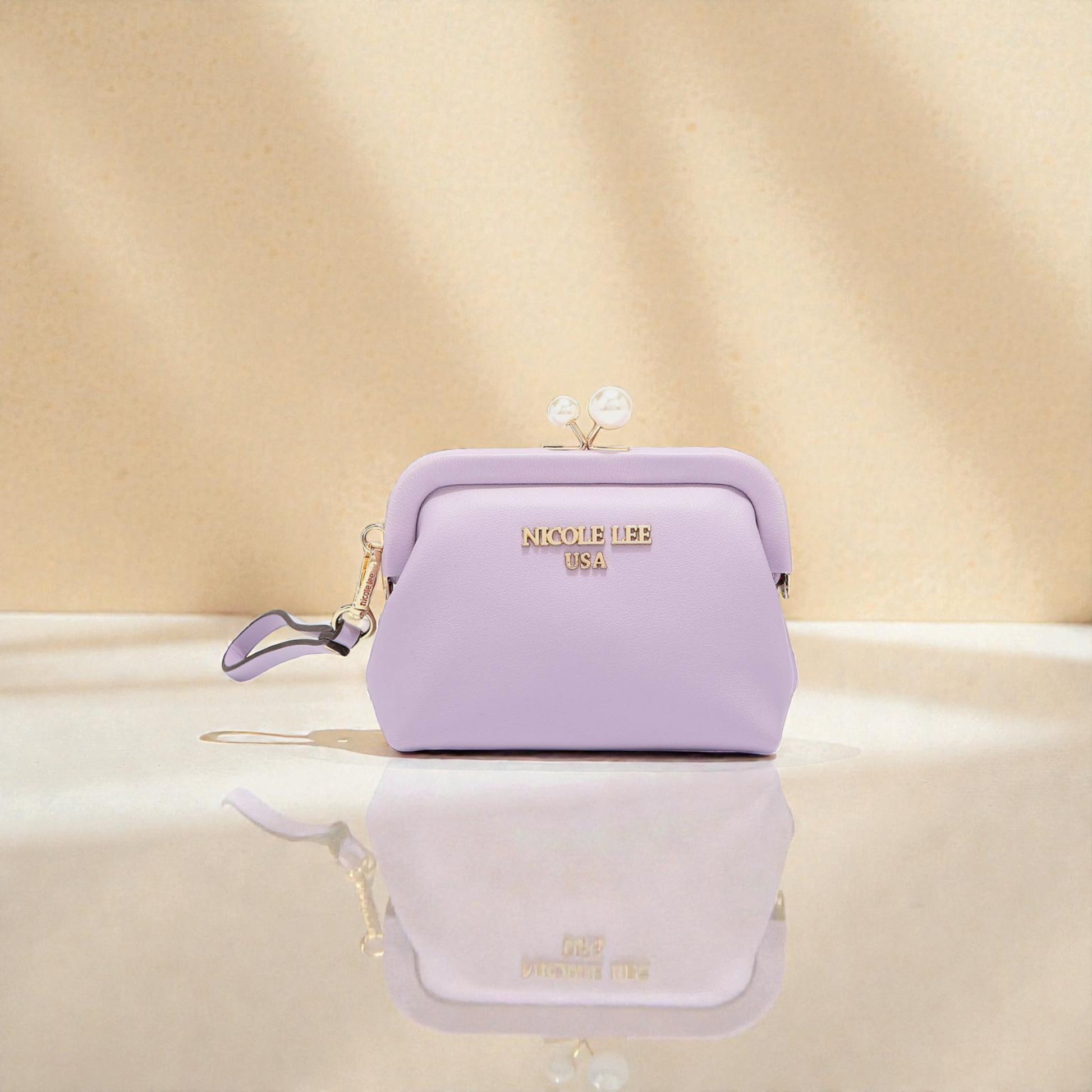 Purple handbag with 'NICOLE LEE' branding on a beige background