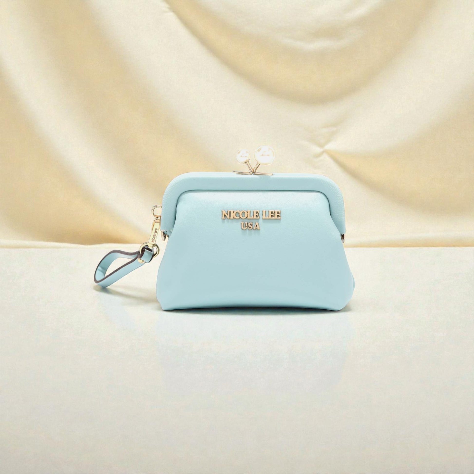 Light blue pouch with 'Nikole Lee' branding on a beige background