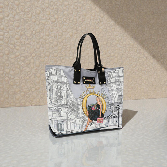 Handbag with a graphic design on a textured surface
