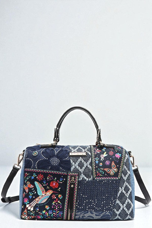 Multicolored handbag with floral and geometric patterns on a white background