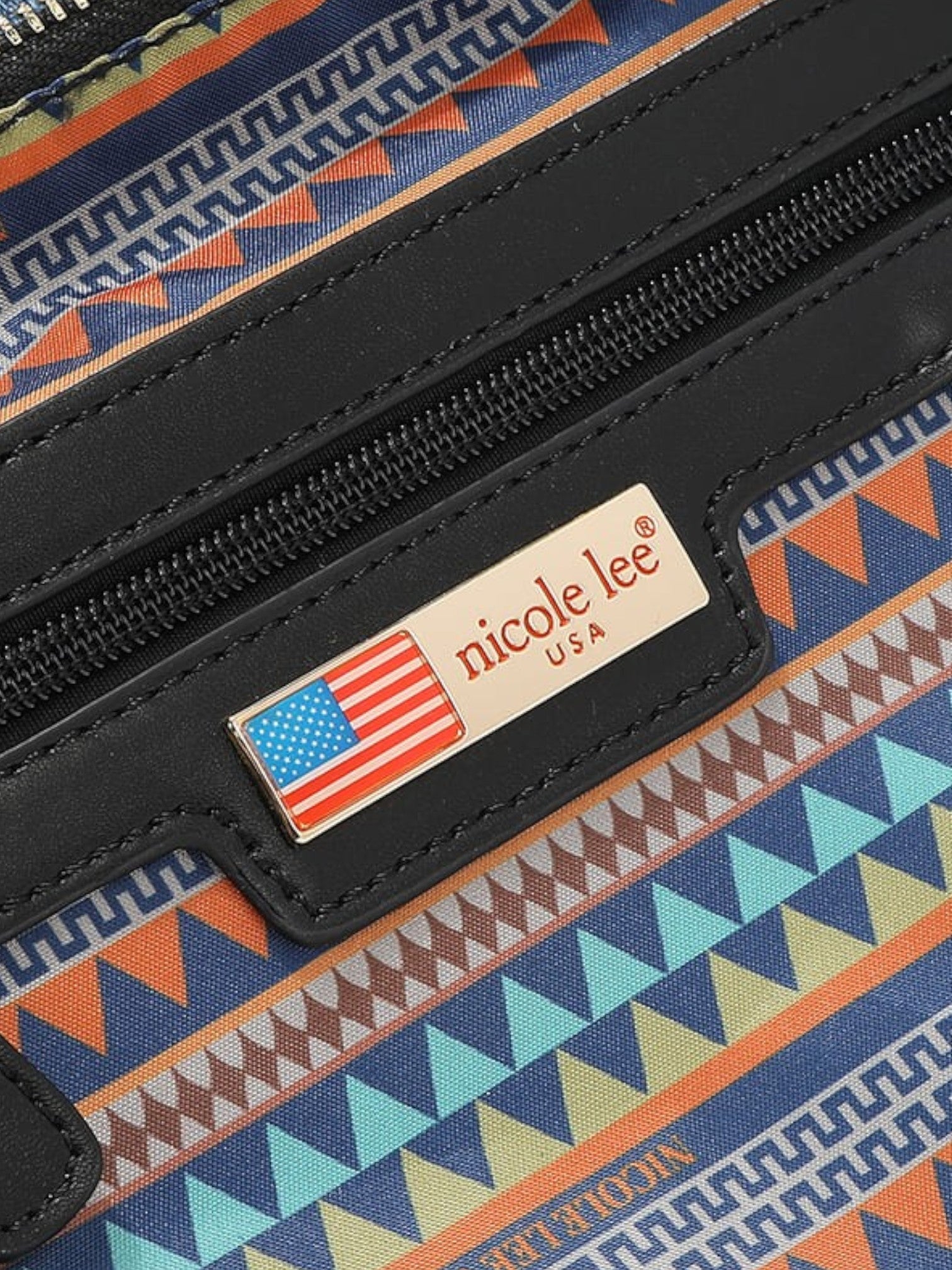 nicole lee bag with geometric pattern and American flag label