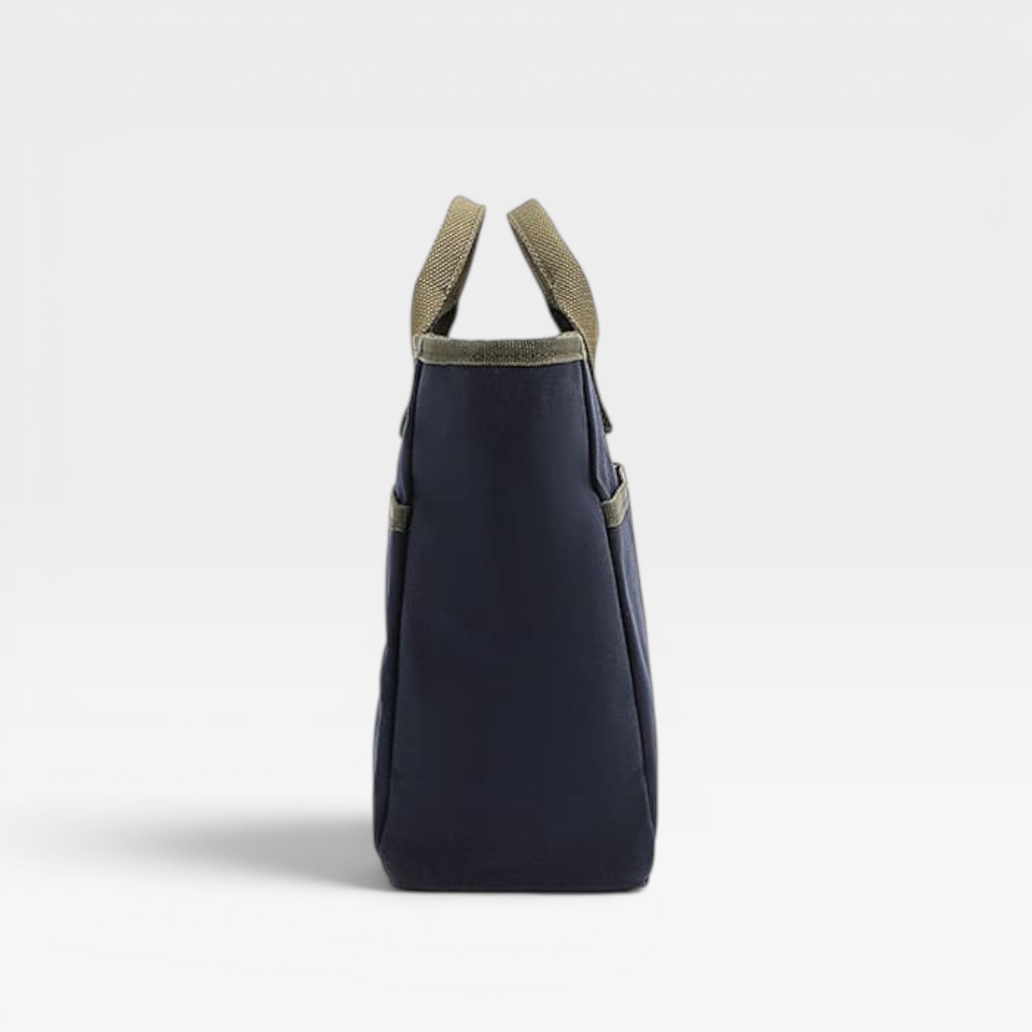 Navy blue bag with beige handles on a light gray background