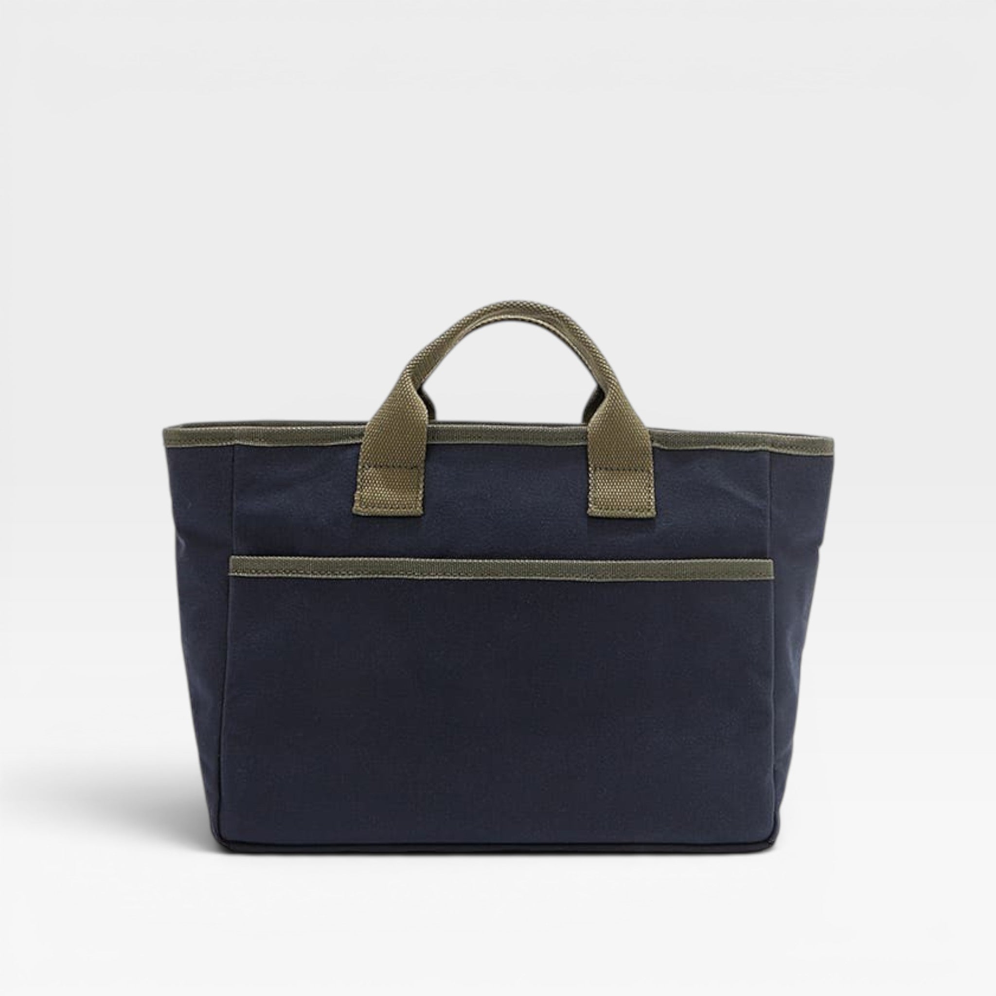 Navy tote bag with green accents on a white background