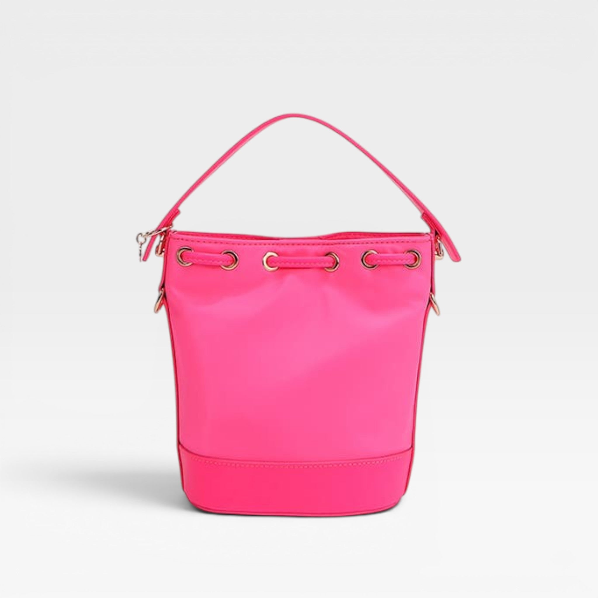 Pink handbag with gold accents on a light gray background