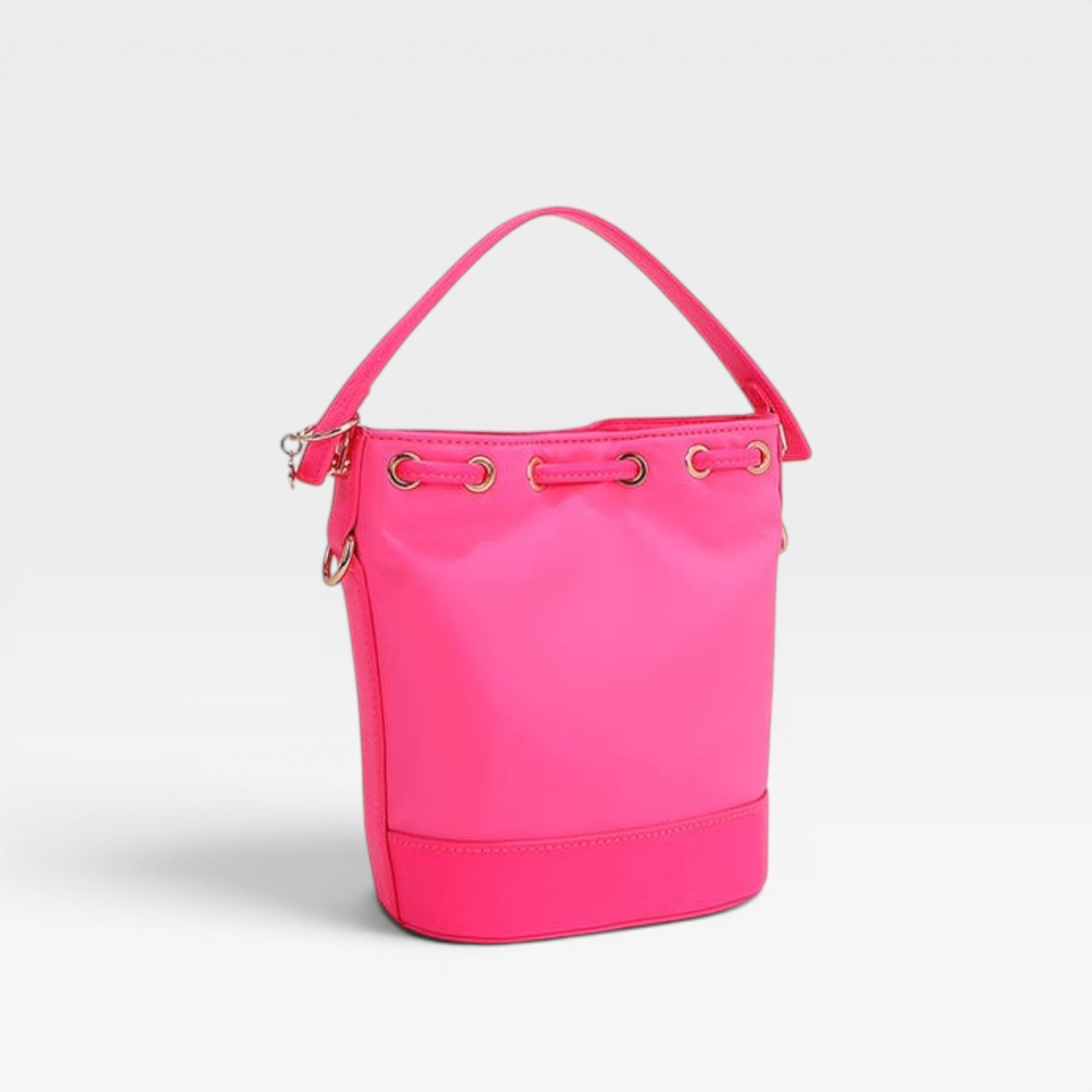 Pink handbag with gold accents on a light gray background