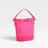 Pink handbag with gold accents on a light gray background