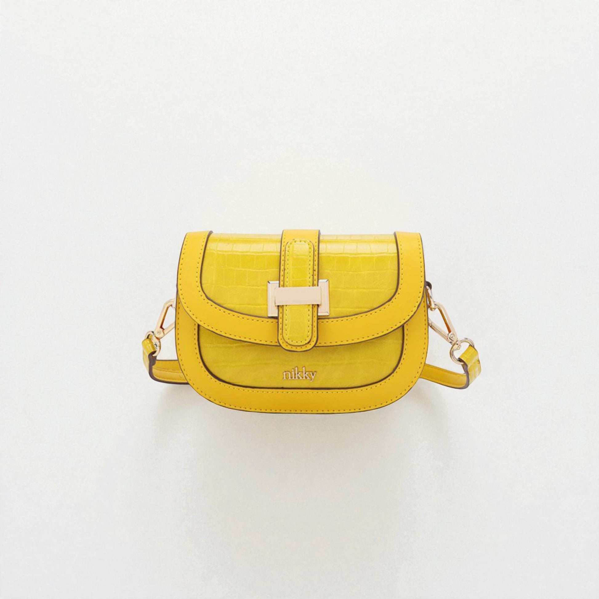 Yellow handbag with gold chain on a white background