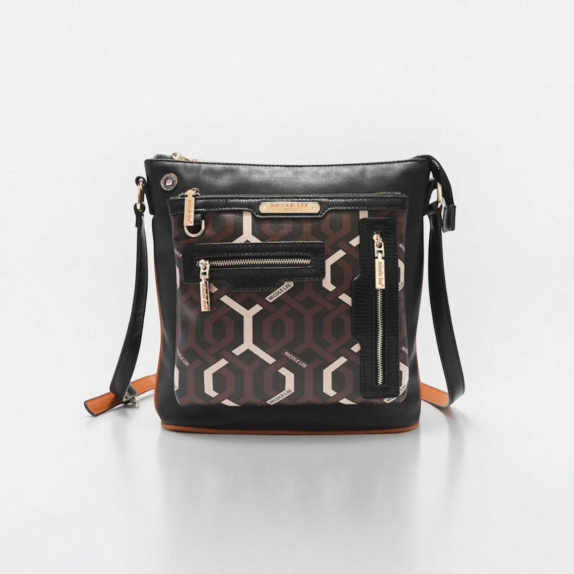 Black handbag with geometric pattern on a white background