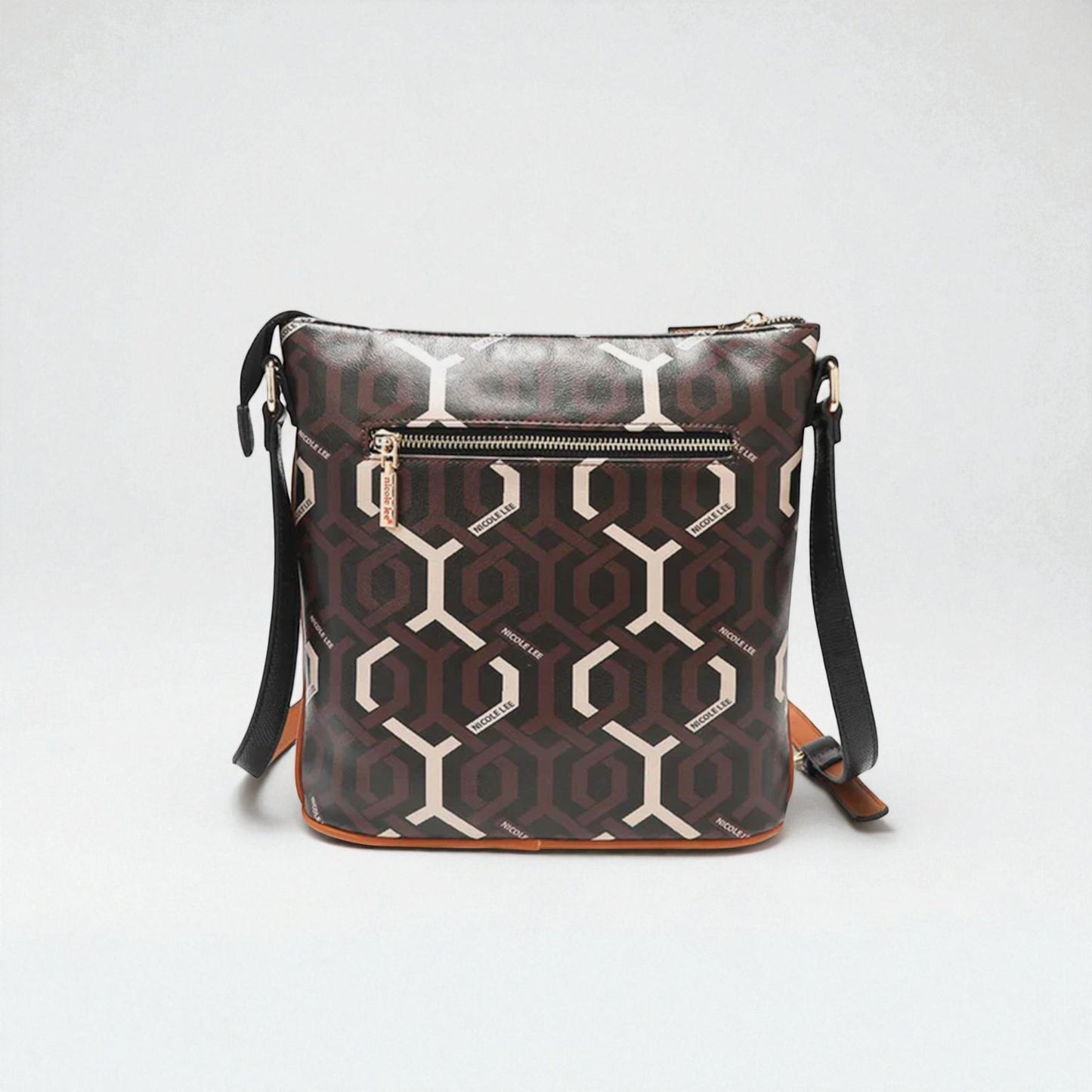 Patterned handbag with geometric design on a light gray background