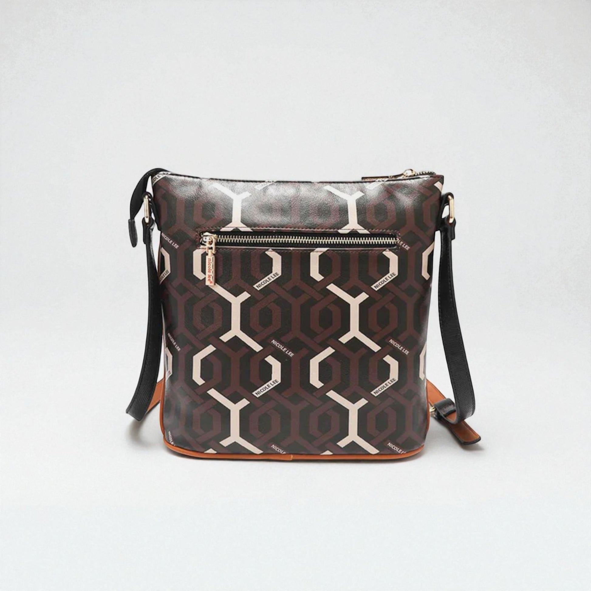 Patterned handbag with geometric design on a light gray background