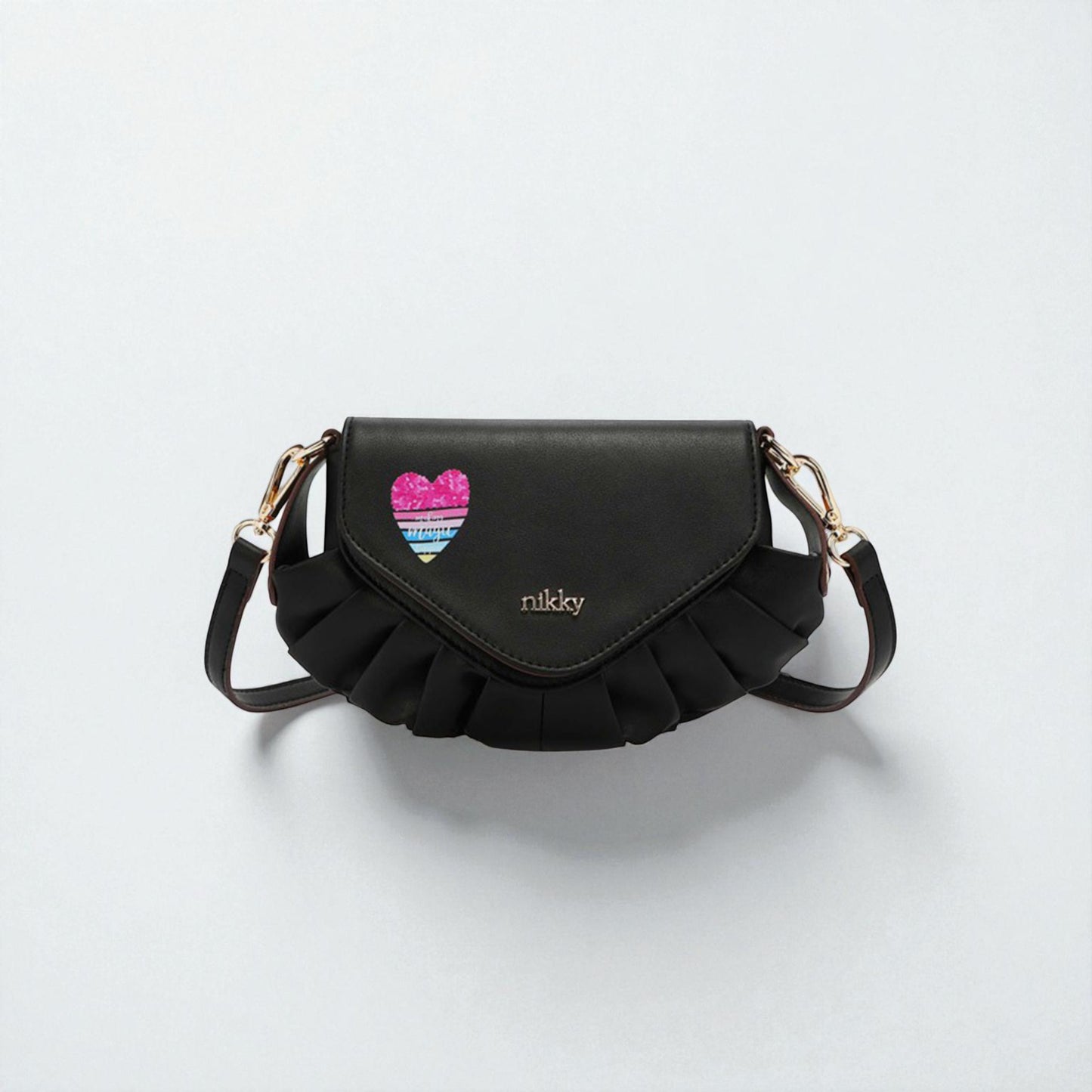 Black handbag with colorful heart design on a white background