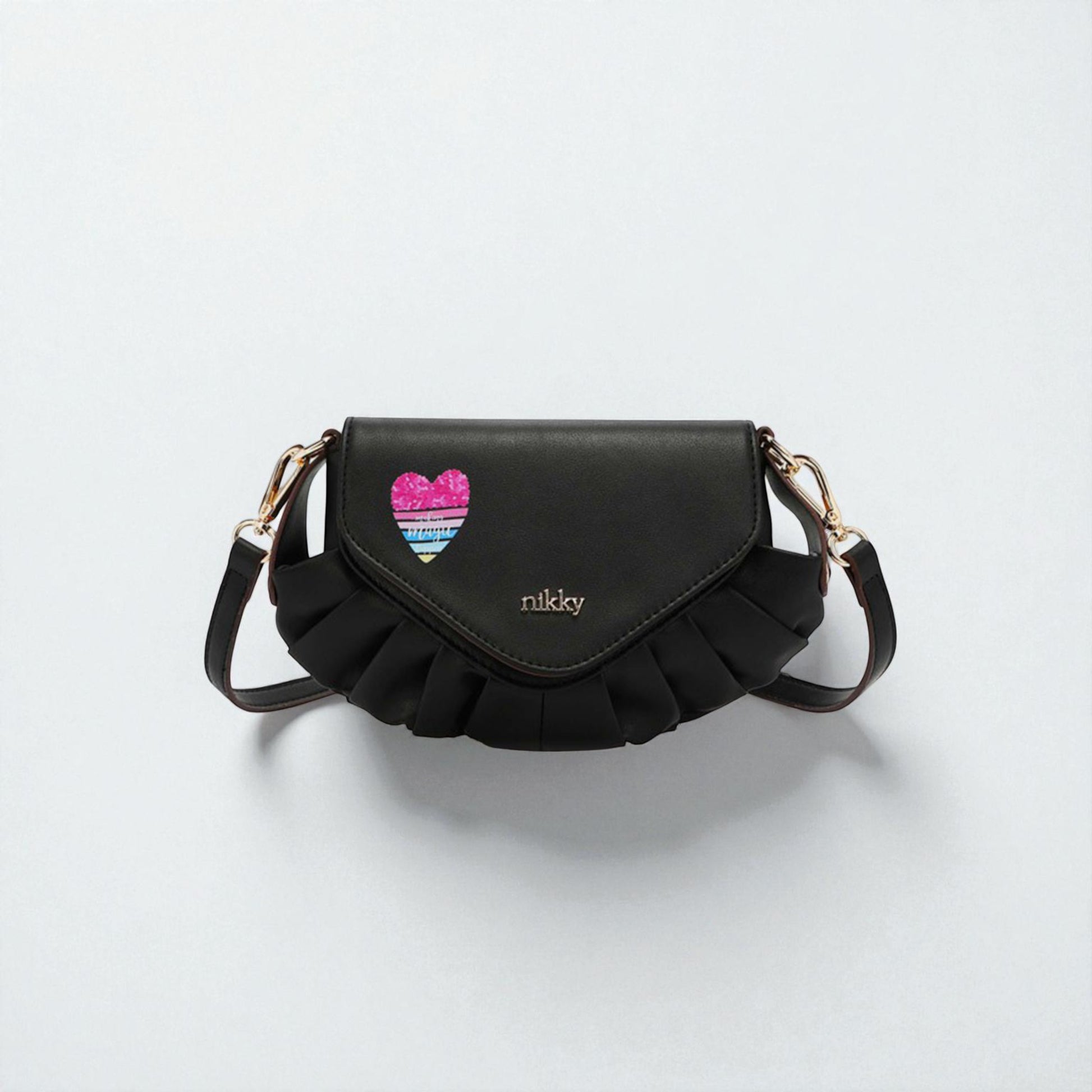 Black handbag with colorful heart design on a white background