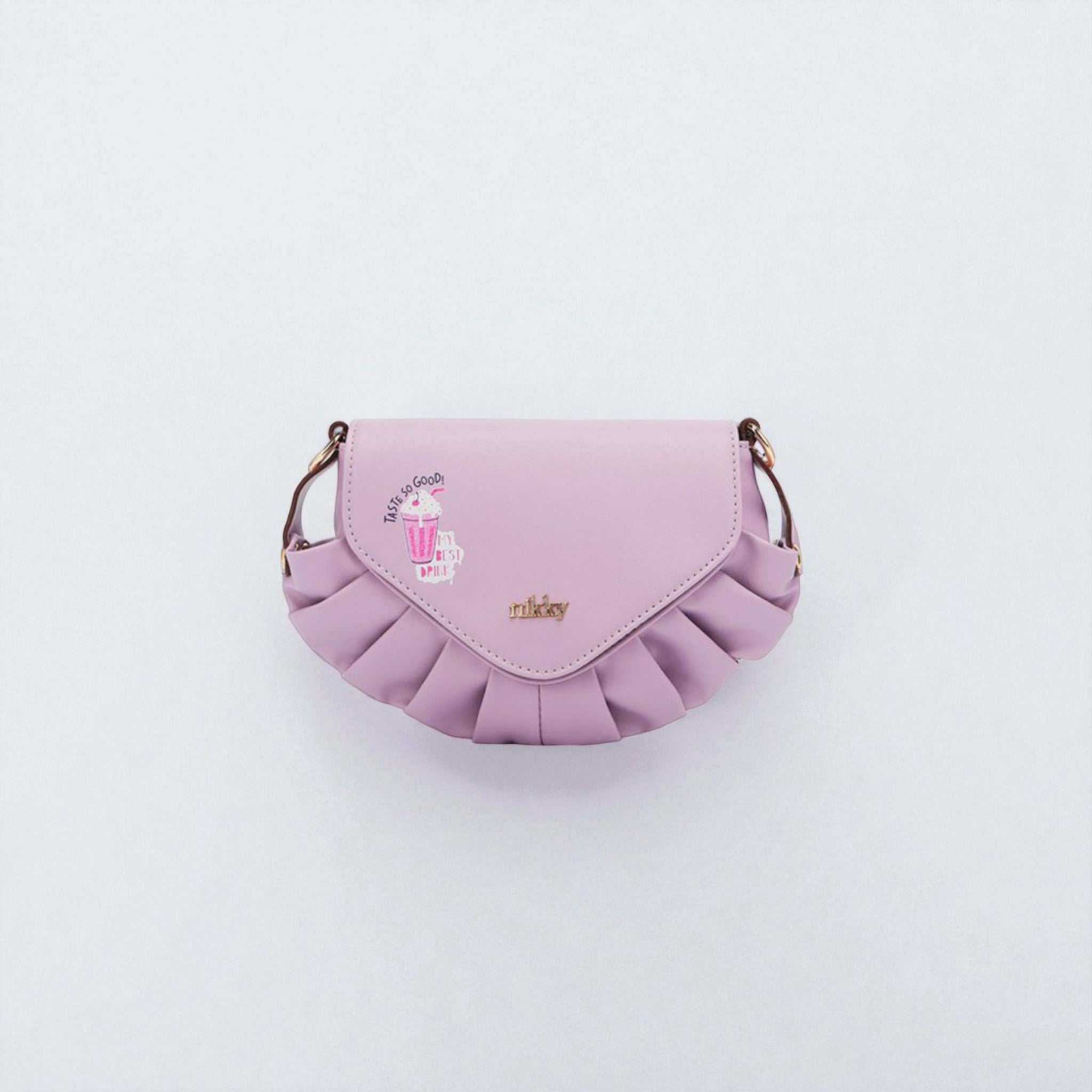 Pink ruffled handbag with a brand logo on a light gray background