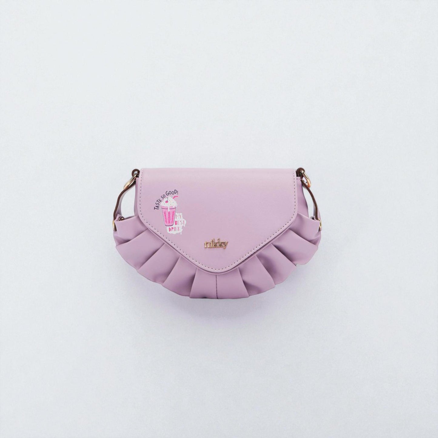 Pink ruffled handbag with a brand logo on a light gray background