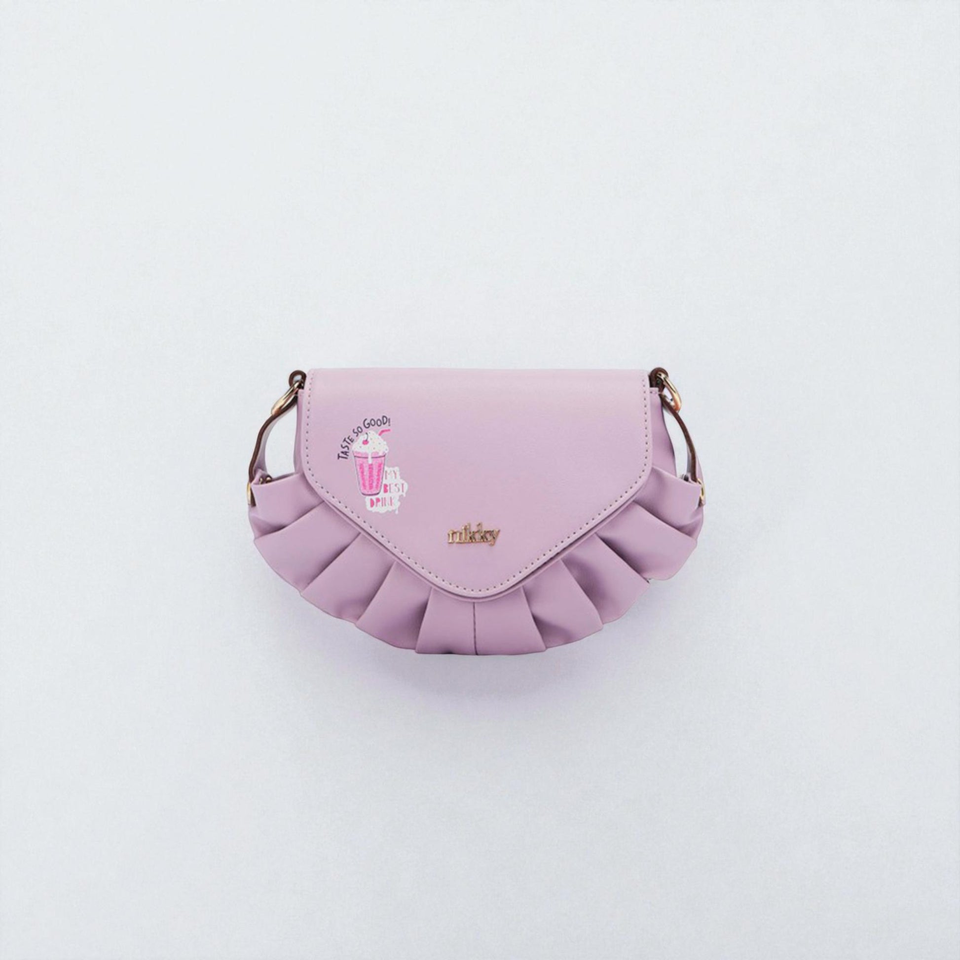 Pink ruffled handbag with a brand logo on a light gray background