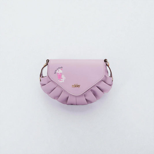 Pink ruffled handbag with a brand logo on a light gray background