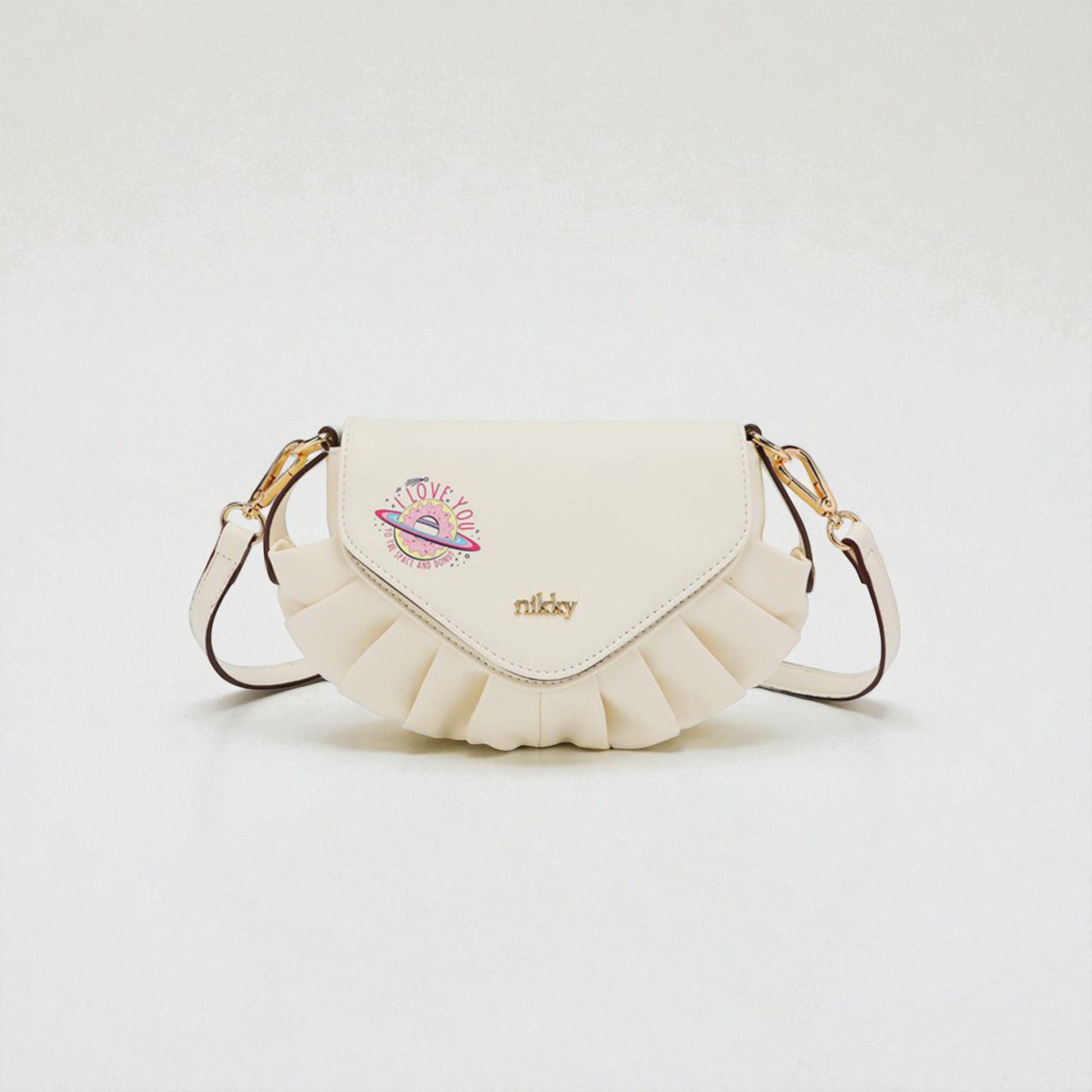 White handbag with ruffled design and gold accents on a light gray background