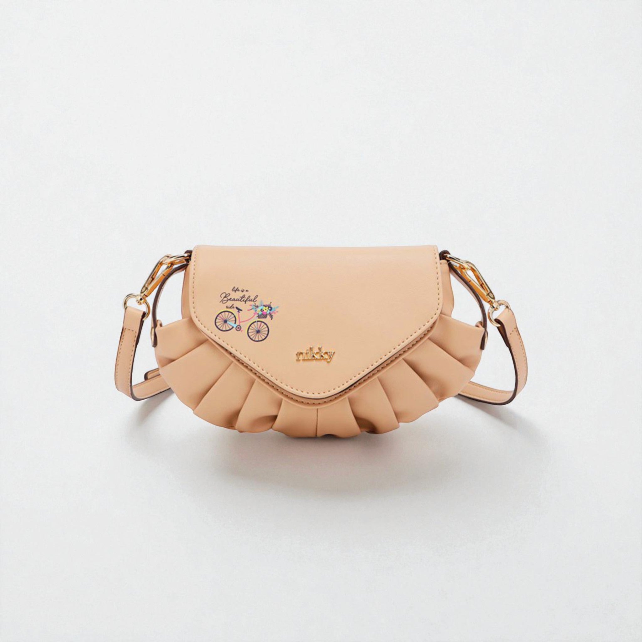 Beige handbag with ruffled design on a white background