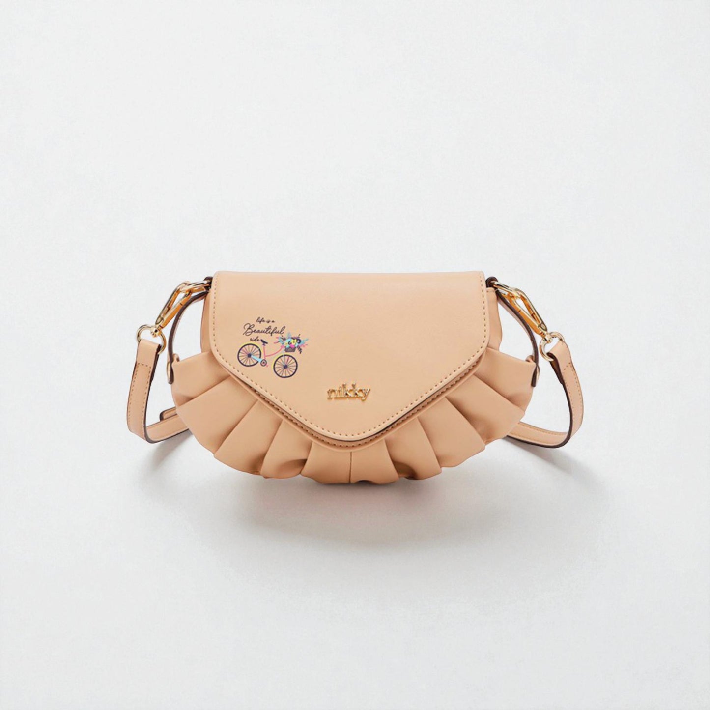 Beige handbag with ruffled design on a white background