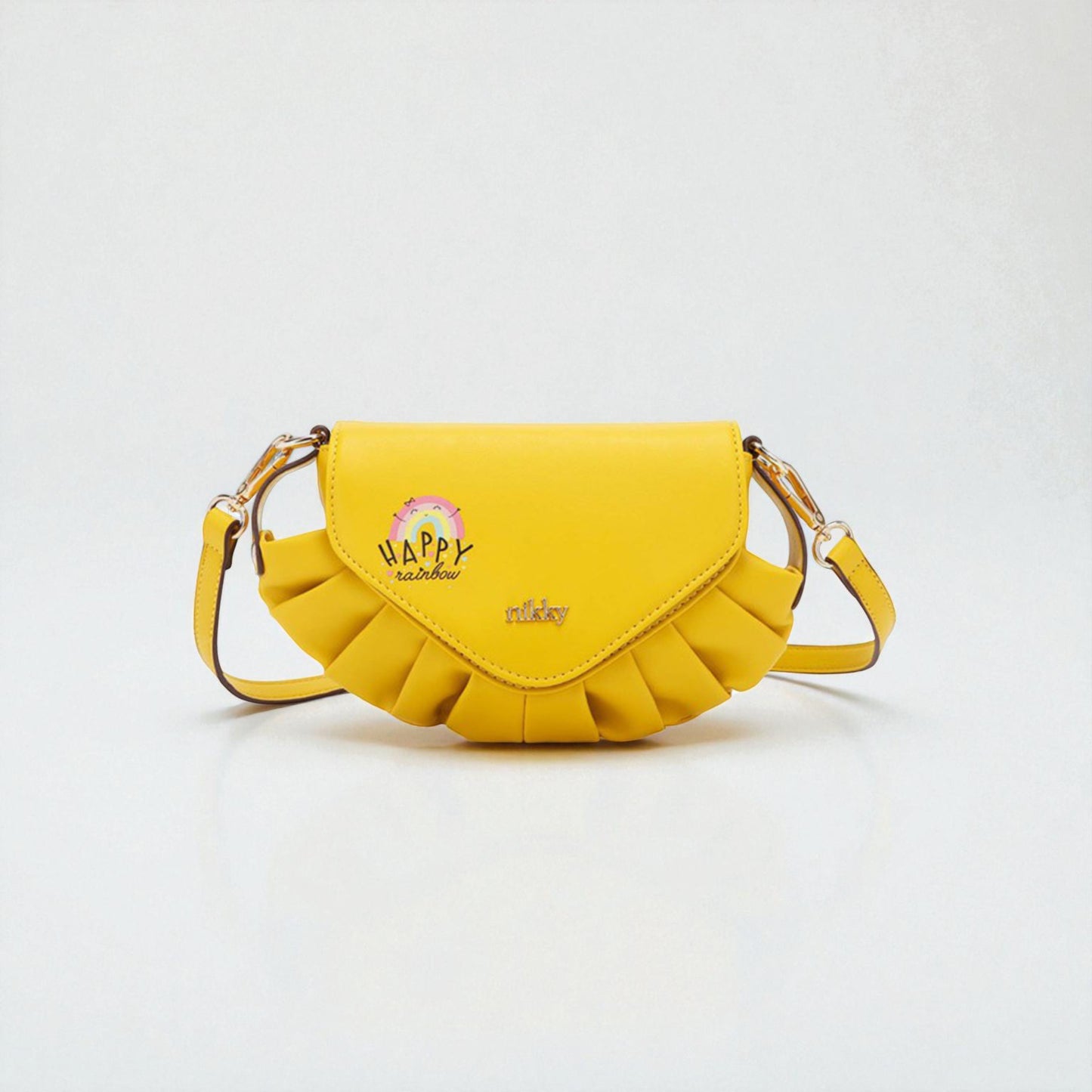 Yellow handbag with a decorative flap on a light gray background