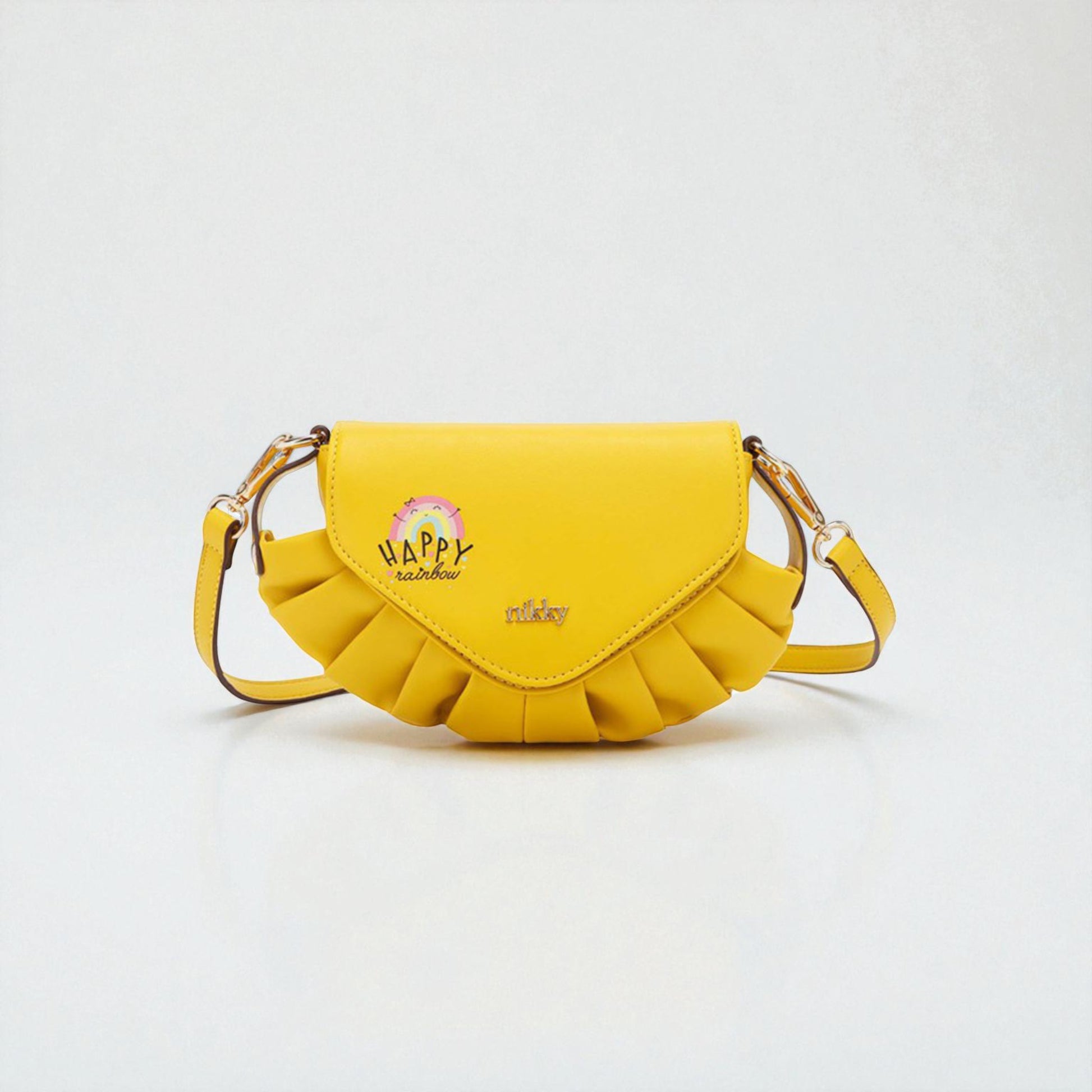 Yellow handbag with a decorative flap on a light gray background