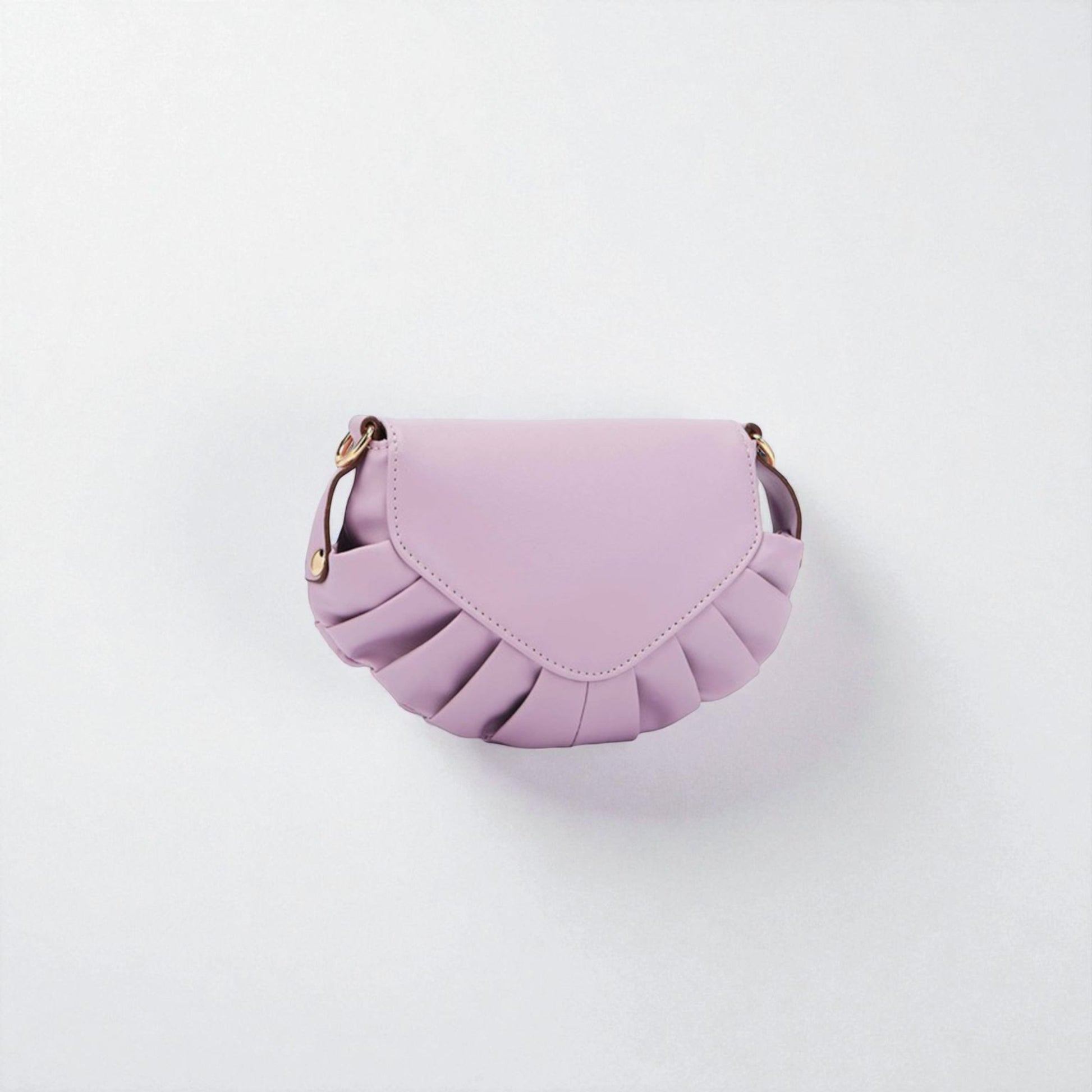 Purple handbag with ruffled design on a white background