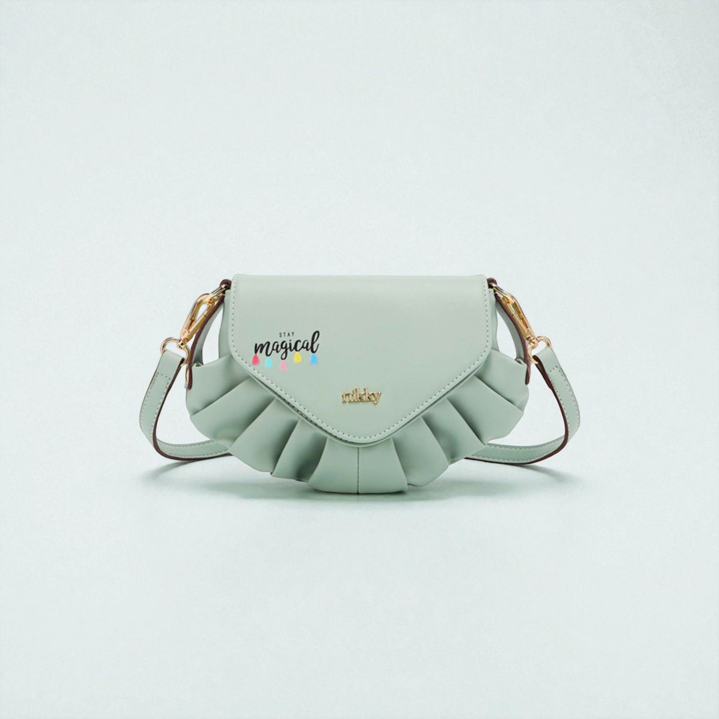 Mint green handbag with ruffled design on a light gray background