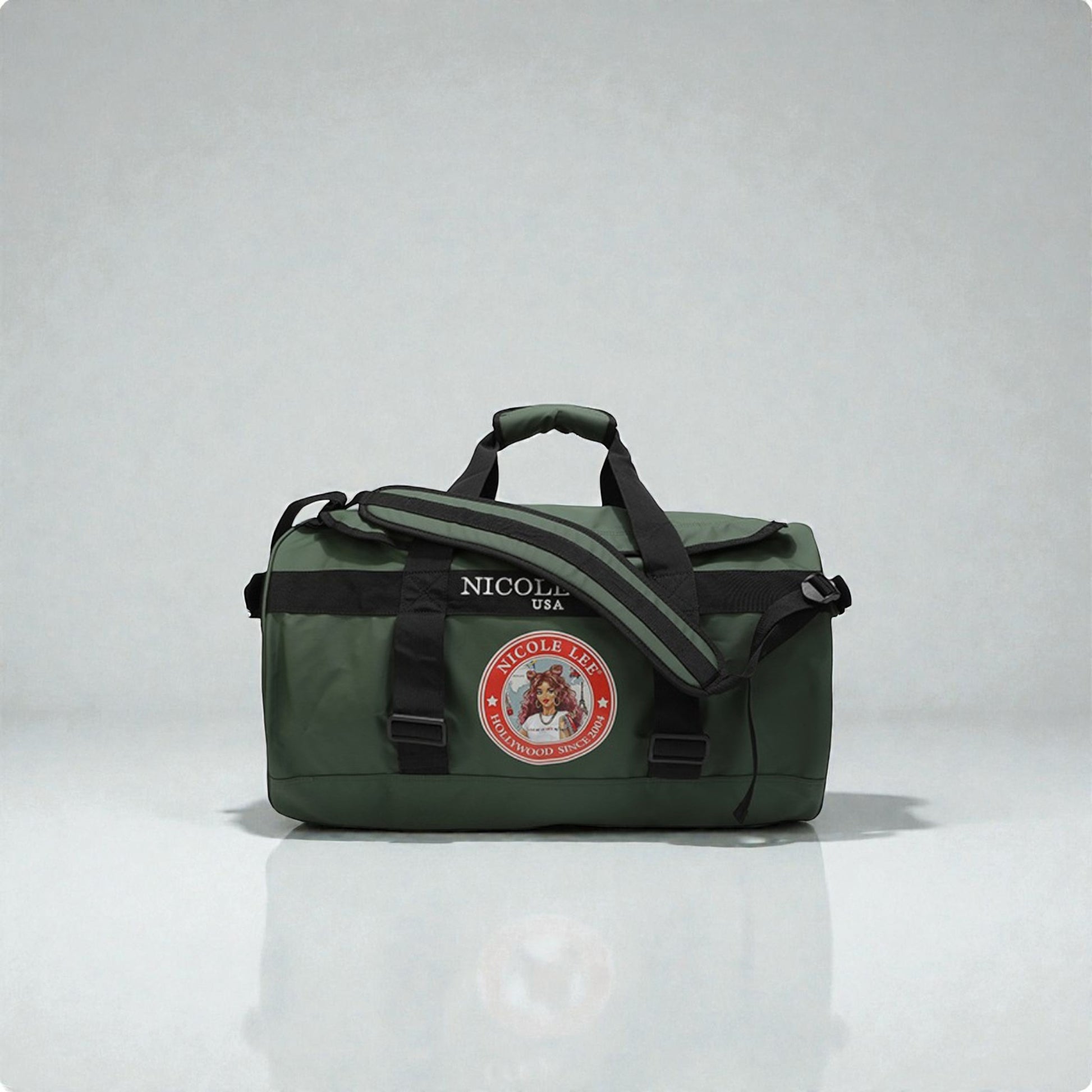 Green duffel bag with a brand logo on a light gray background