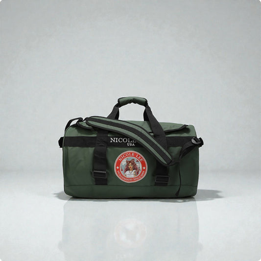 Green duffel bag with a brand logo on a light gray background