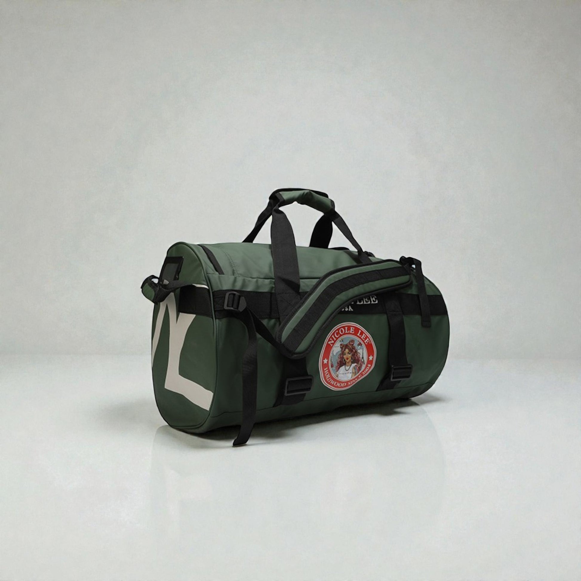 Green duffel bag with a logo on a white background