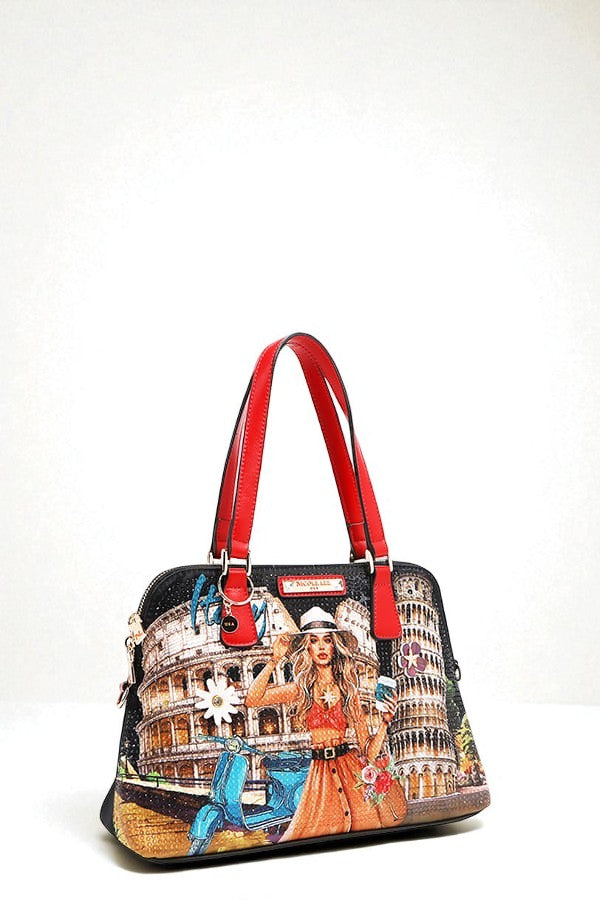 Handbag with a colorful design featuring a woman and architectural elements on a white background