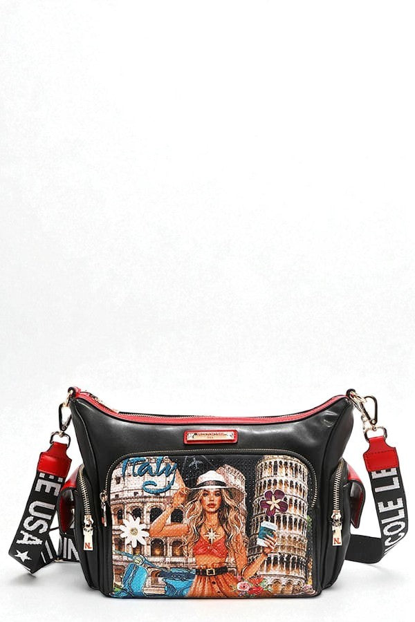 Black handbag with colorful design featuring a woman and architectural elements on a white background.