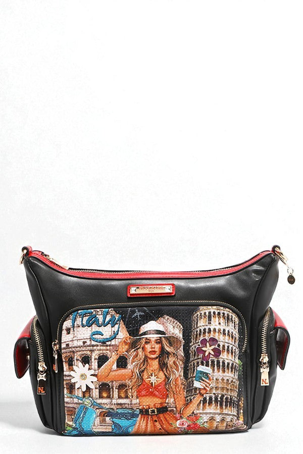 Black handbag with a colorful design featuring a woman and architectural elements on a white background