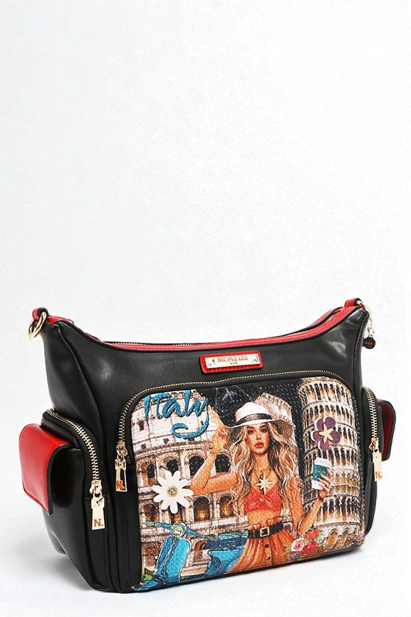 Black handbag with colorful design featuring a woman and architectural elements on a white background