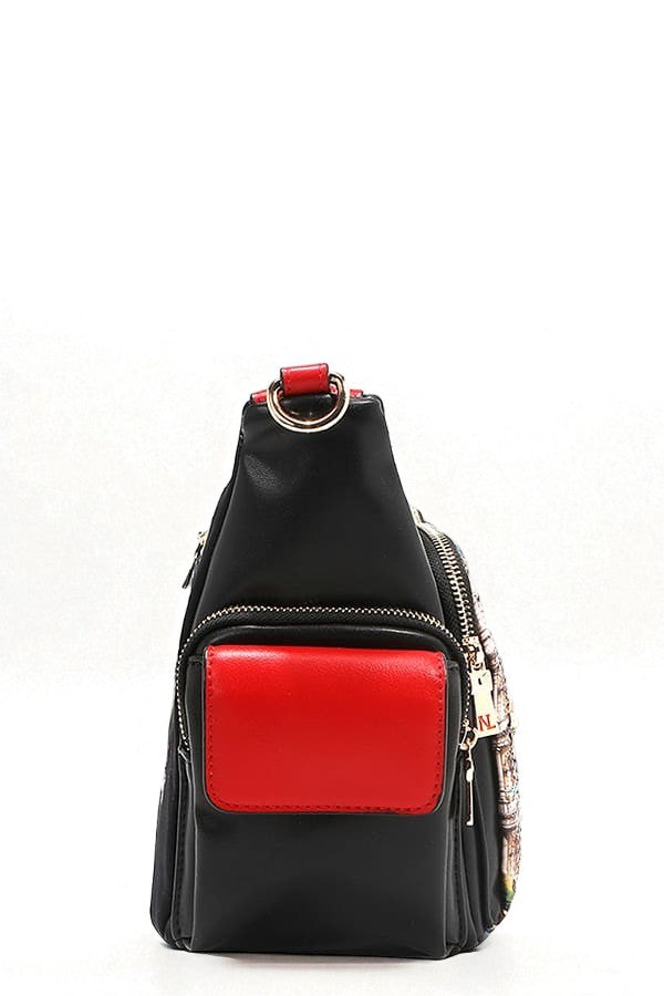 Black backpack with a red pocket on a white background