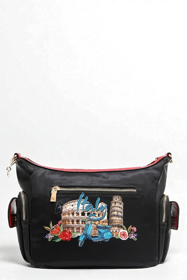 Black bag with Italian-themed design featuring the Colosseum and Leaning Tower of Pisa on a white background.