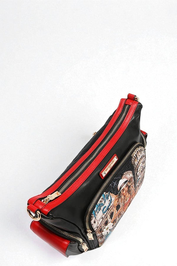 Black and red handbag with floral pattern on a white background