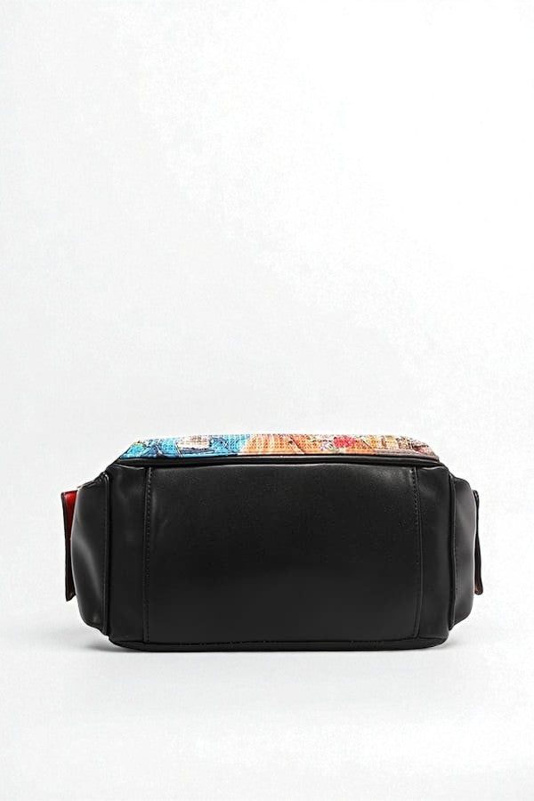 Black waist bag with colorful pattern on a white background