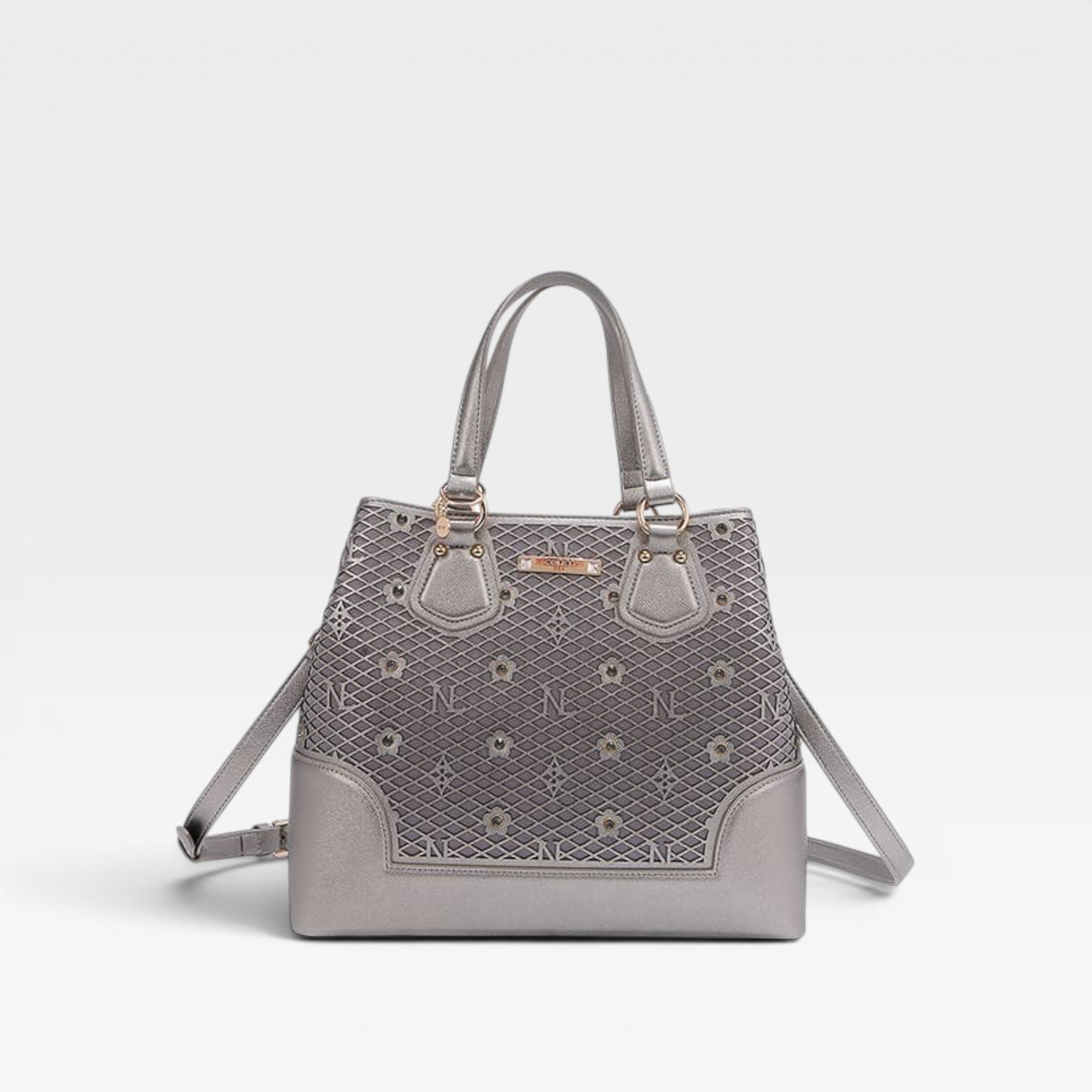 Gray handbag with floral pattern on a light gray background