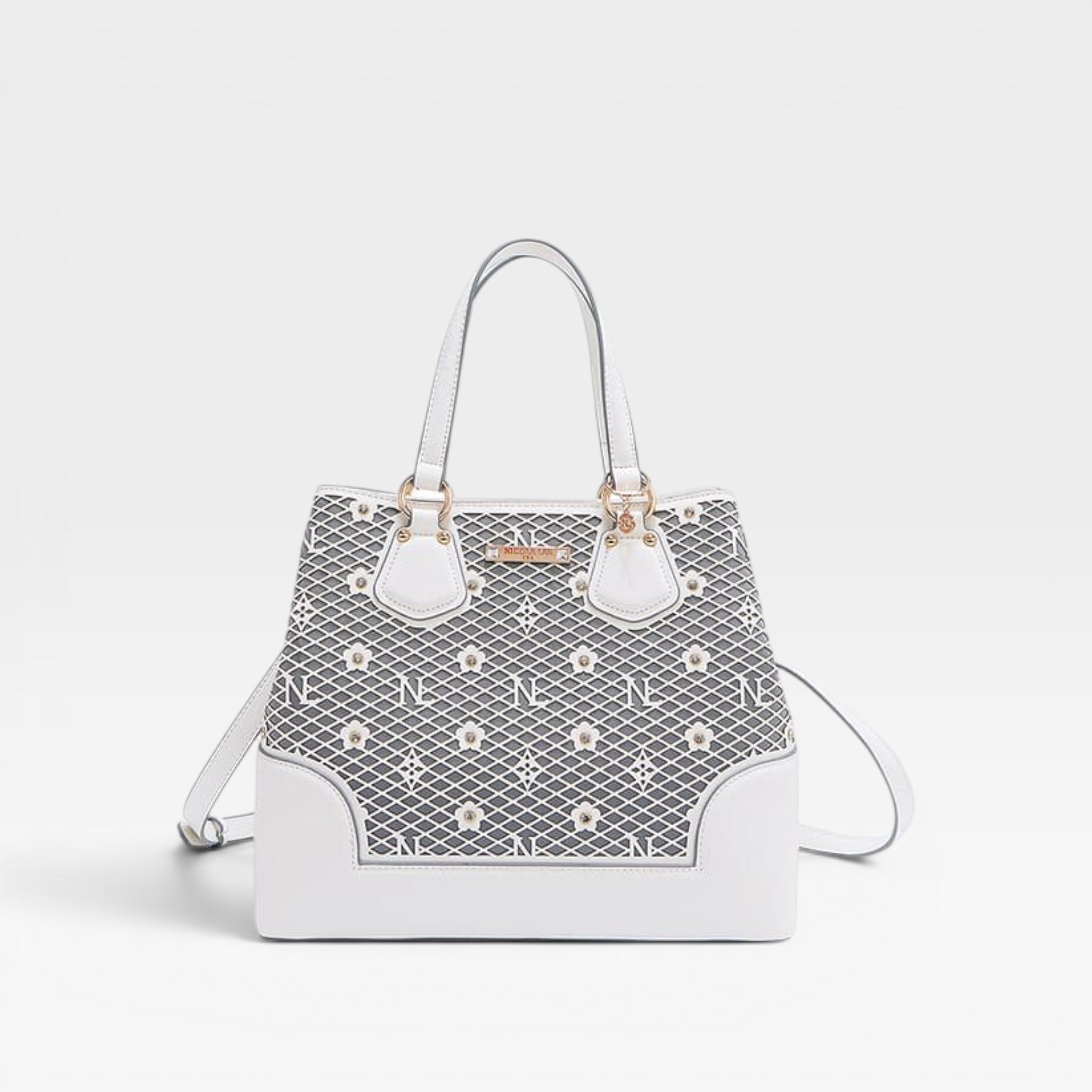 White handbag with gray floral pattern on a light gray background