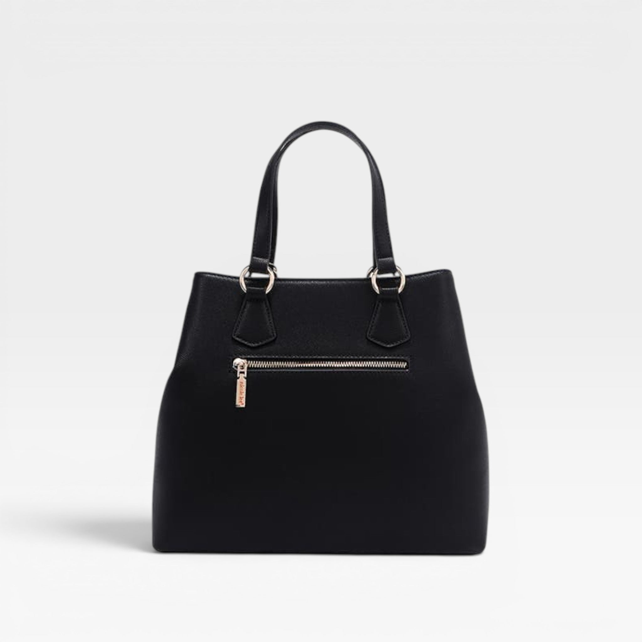 Black handbag with gold zipper on a light gray background