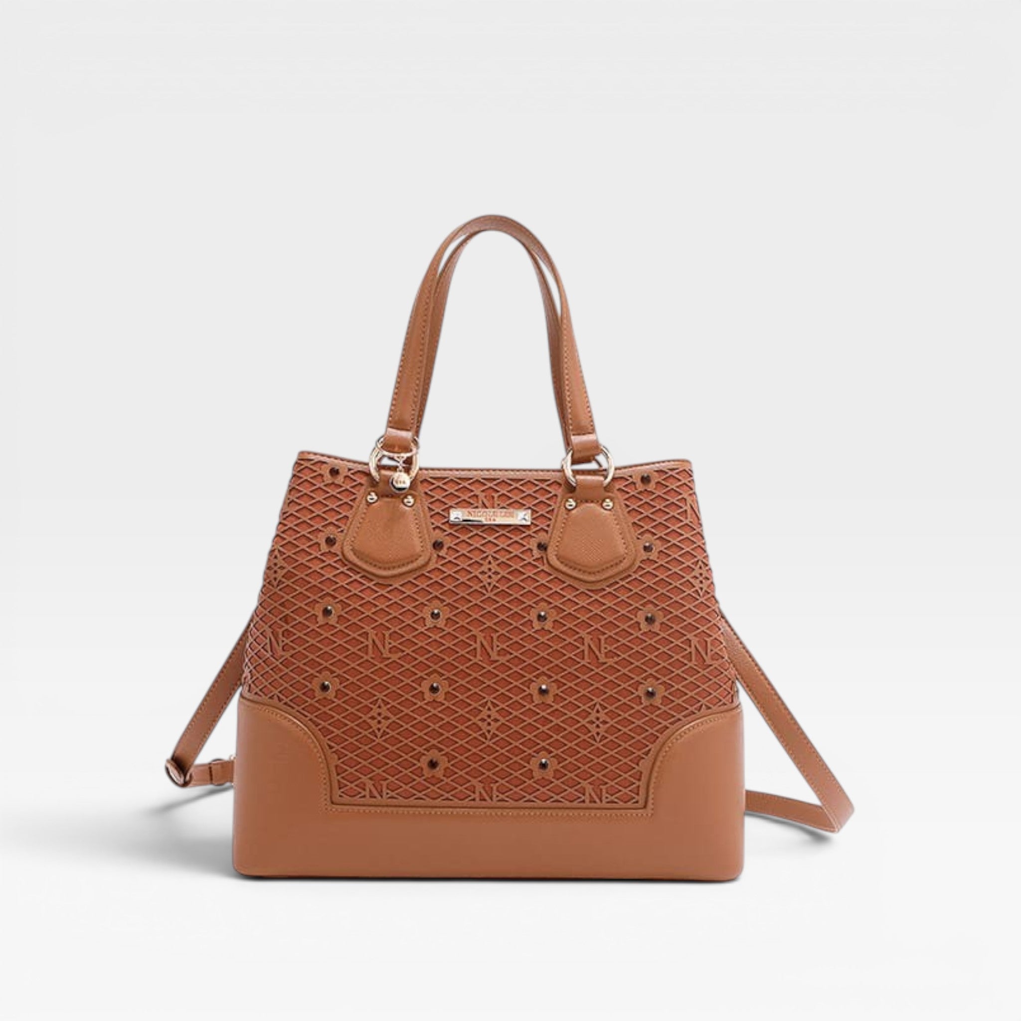 Brown handbag with intricate design on a light gray background