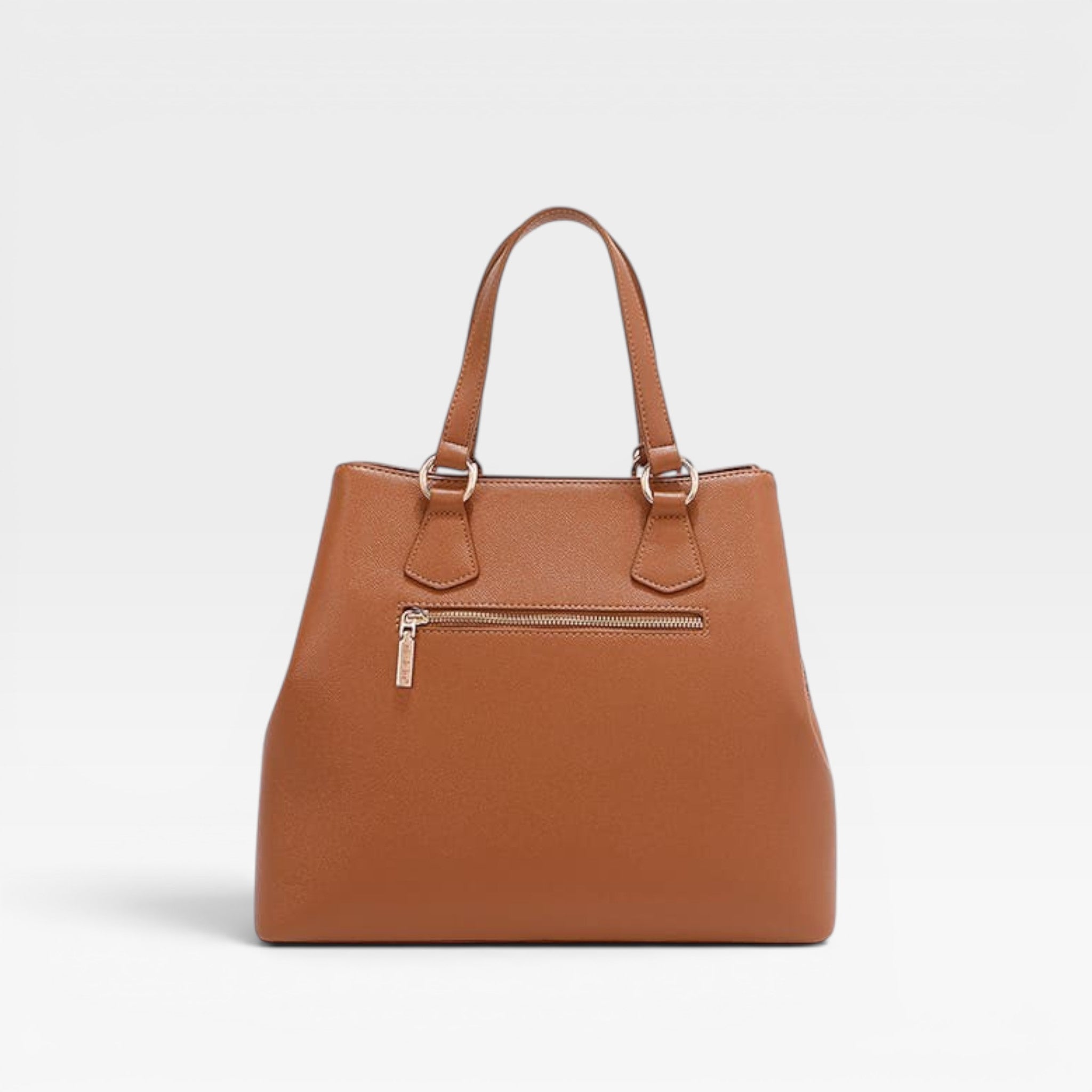 Brown handbag with gold zipper on a light gray background