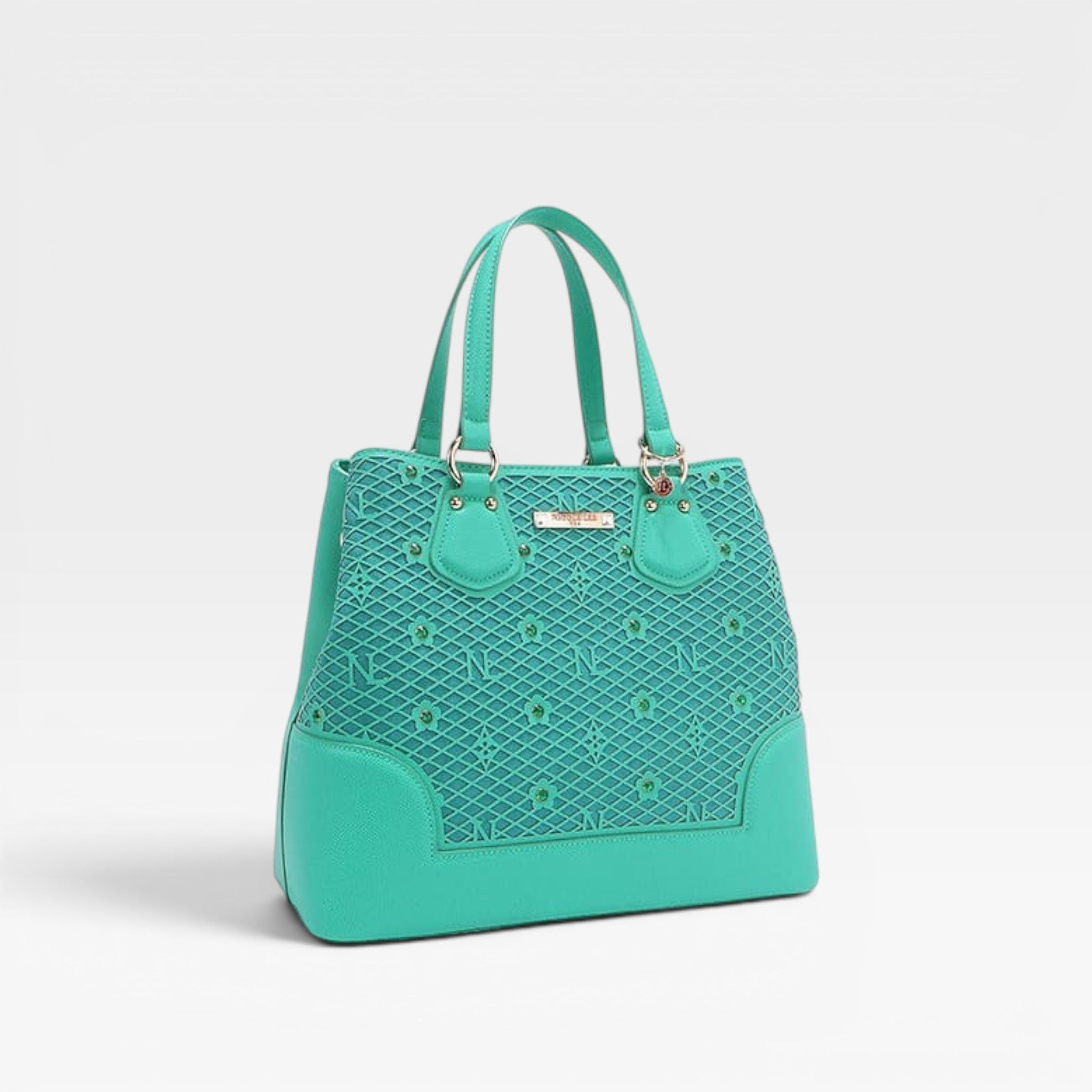 Turquoise handbag with a textured pattern on a light gray background