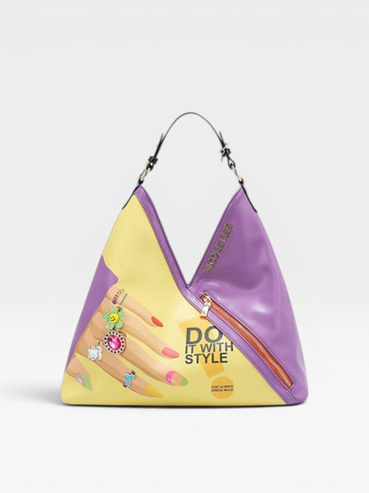 Purple handbag with a yellow section featuring hands with colorful nails and text on a white background