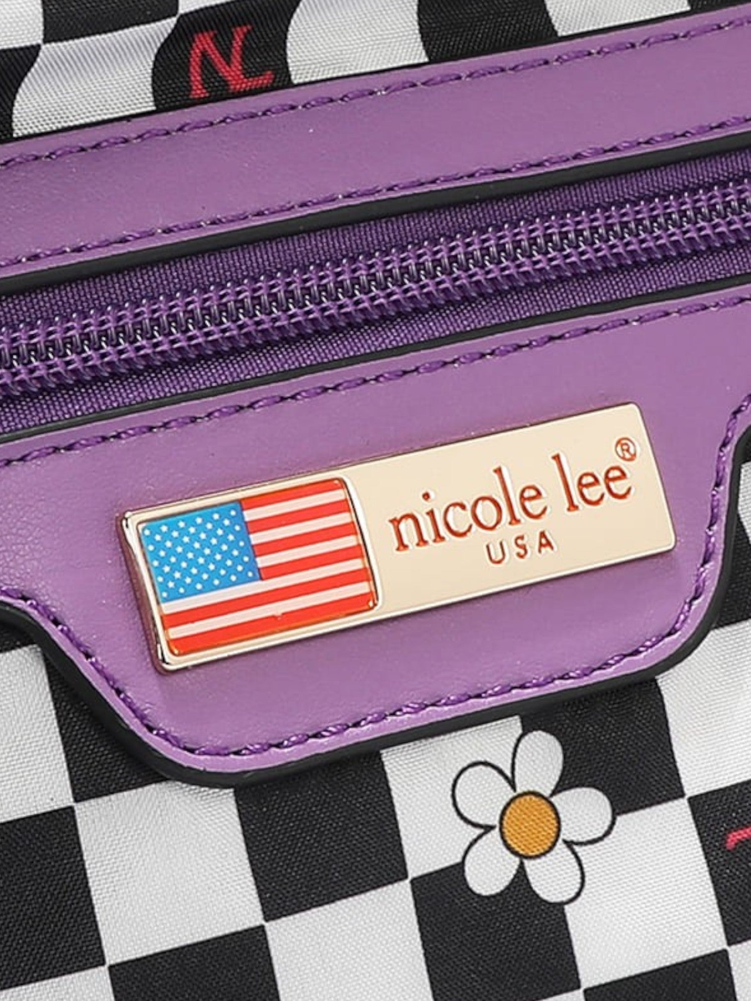 Purple bag with 'nicole lee' brand label featuring an American flag on a checkered background.