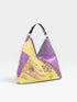 Triangular handbag with colorful design on a white background