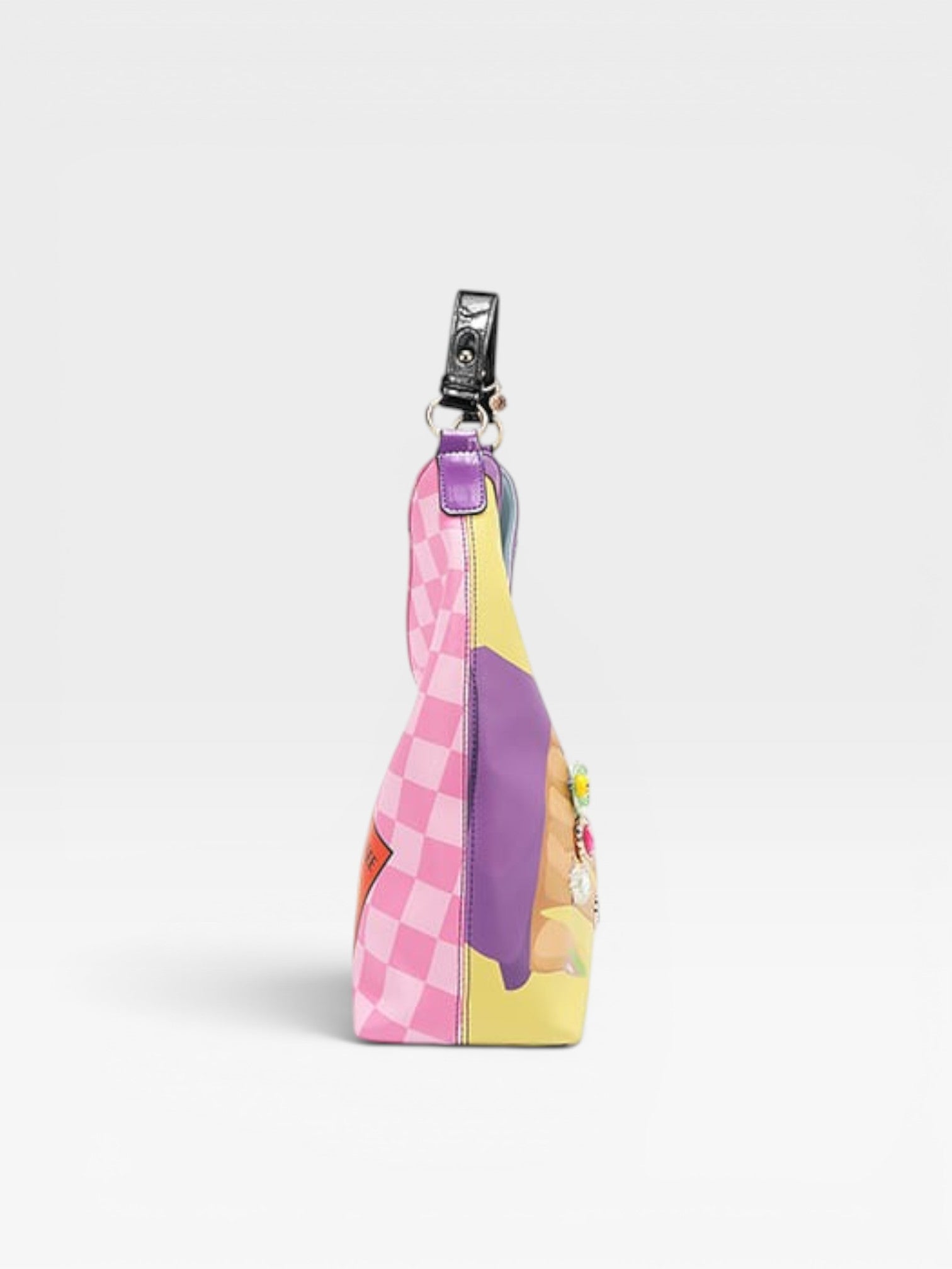 Colorful crossbody bag with a checkered pattern on a white background