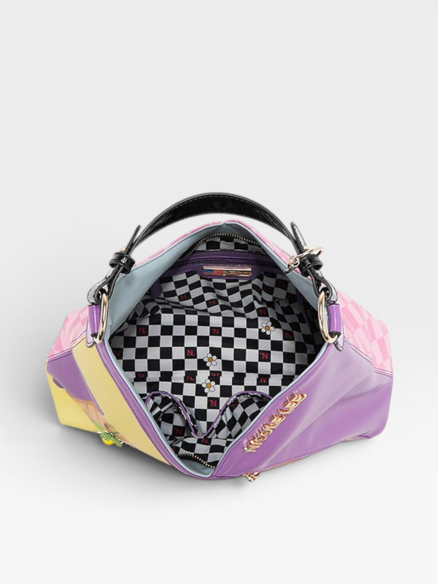 Colorful handbag with a checkered interior on a white background
